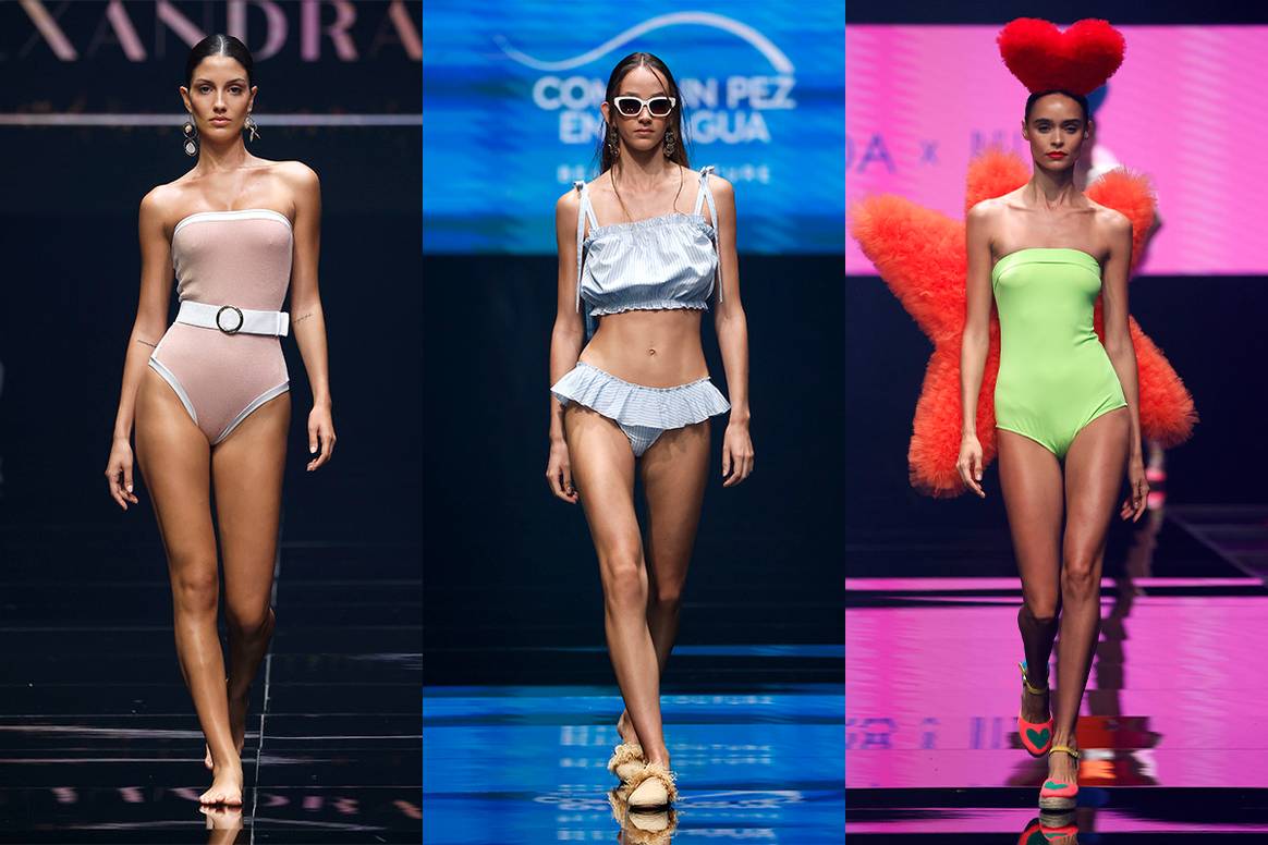 De izq. a dcha., diseños de Alexandra Miro, Como un pez en el agua y Ágatha Ruiz de la Prada para la temporada Primavera/Verano SS24, vistos sobre la pasarela de GCSW by MC 2023.