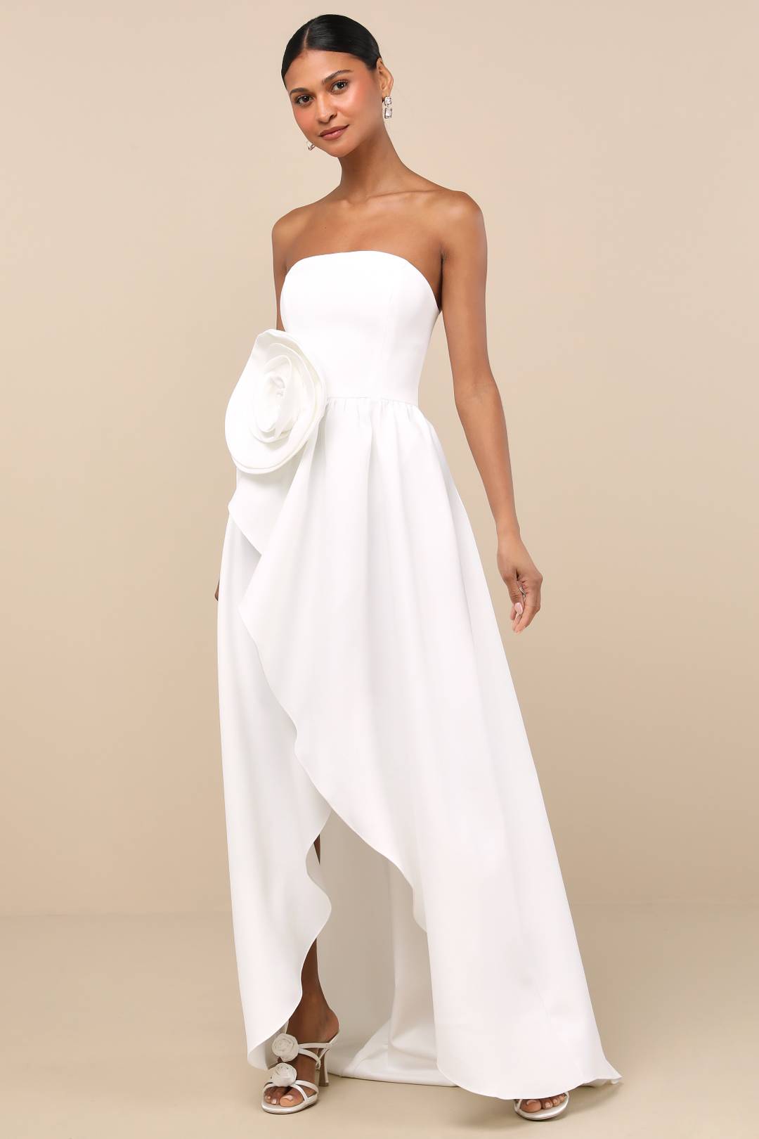 Elliatt x Lulus limited edition bridal collection, Emiliana White 3D Rosette Strapless High-Low Maxi Dress