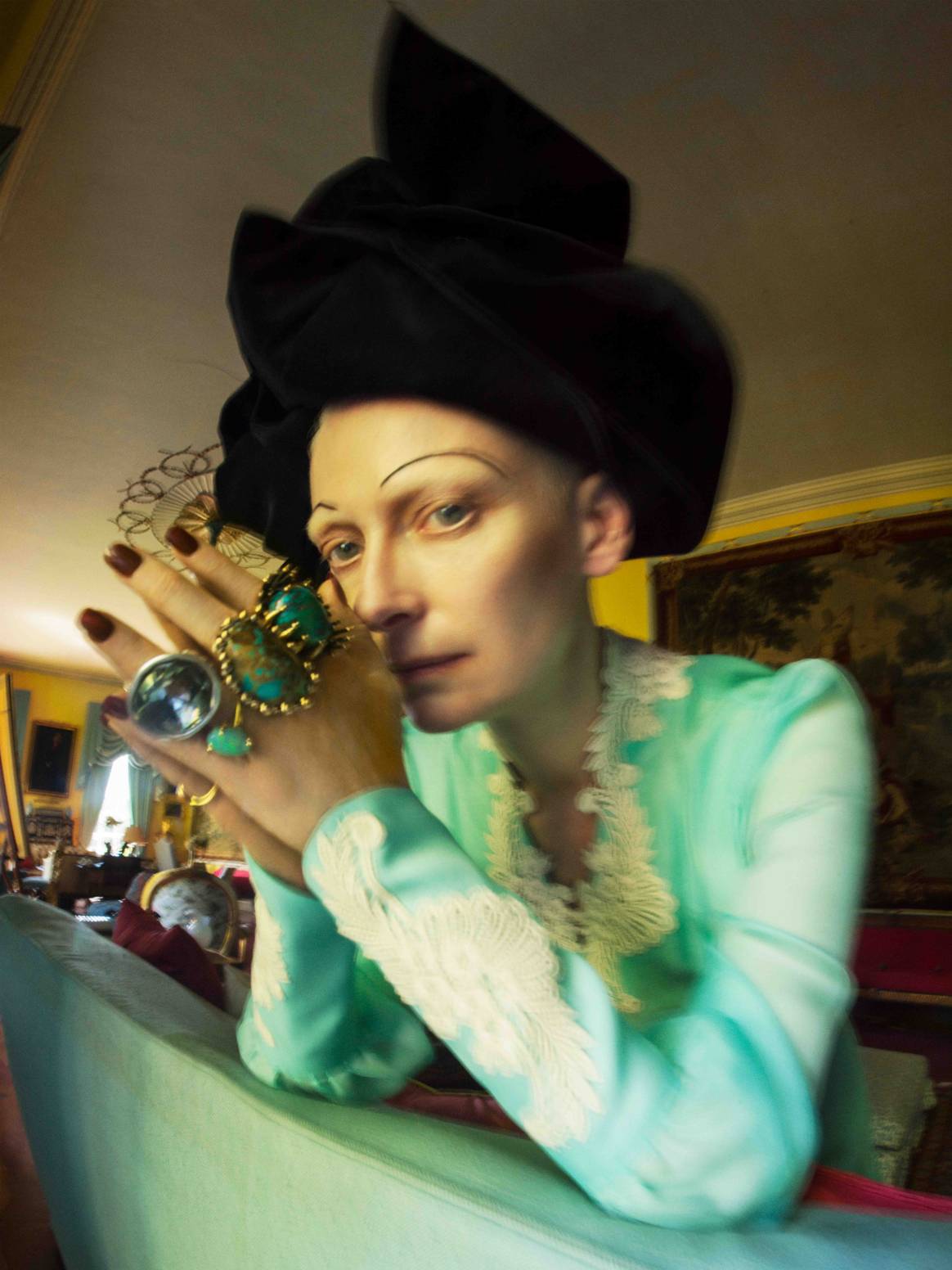Tim Walker, "Why not be oneself?". Tilda Swinton. Fashion: Gucci, Marc Jacobs, Vela, UNOde50, A. Brandt + Son, Lisa Eisner Jewelry Renishaw Hall, Derbyshire, 2018 © Tim Walker Studio