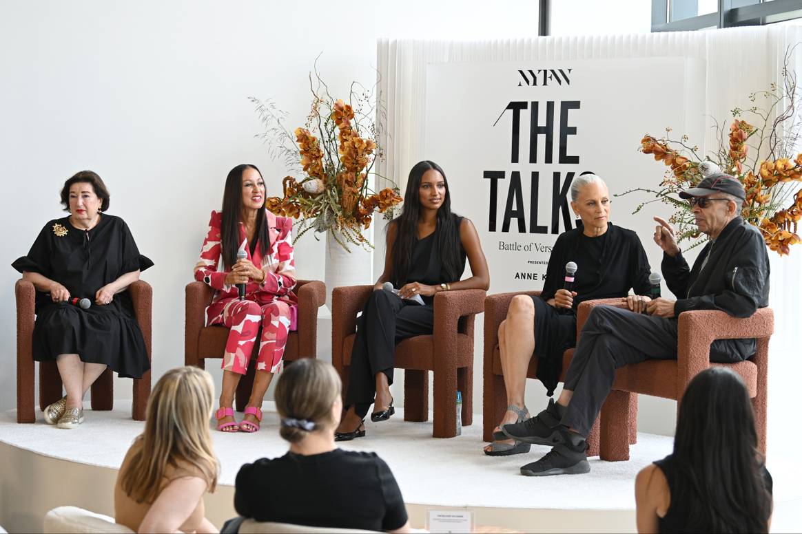 Models Pat Cleveland, (second from left), Alva Chinn (second from right) and designer Stephen Burrows